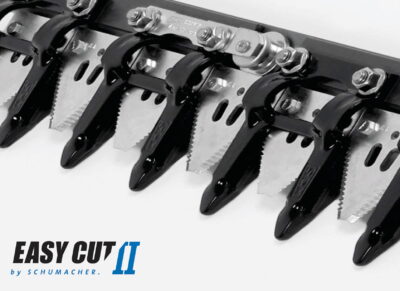 Close up of Schumacher 12mm SCH Guard for Easy Cut II systems. Genuine German-made cutterbar guard for SCH sickle, SI Sickle, sickle section, and JD/Gleaner repairs.